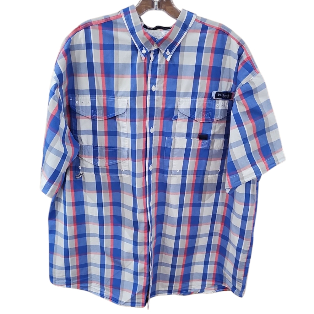 Columbia Super Bonehead Shirt MensLarge Blue Plaid PFG Fishing Camp EUC Sz XL - Picture 1 of 10